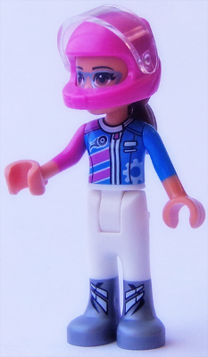 Olivia, White Trousers, Dark Pink and Dark Azure Racing Jacket, Dark Pink Racing Helmet with Reddish Brown Ponytail